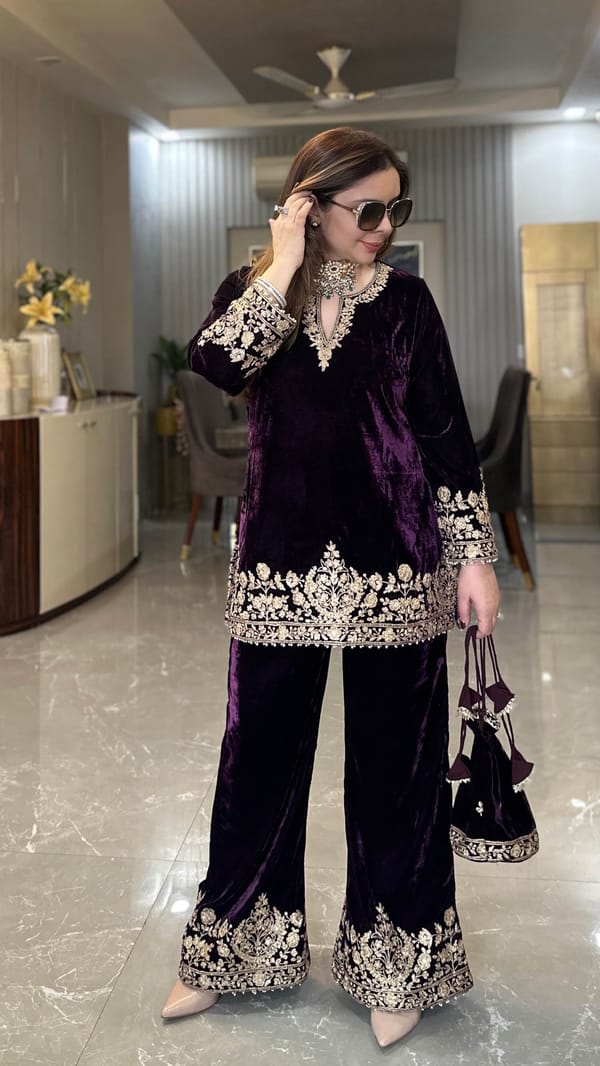 Deep Purple Mahanoor Velvet Hand Embroidered Co-ord — Kylee Fashions