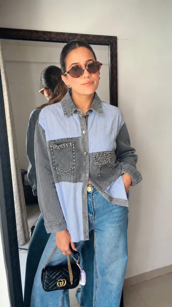 Studded Denim Contrast Statement Shirt — CLOSET AFFAIR