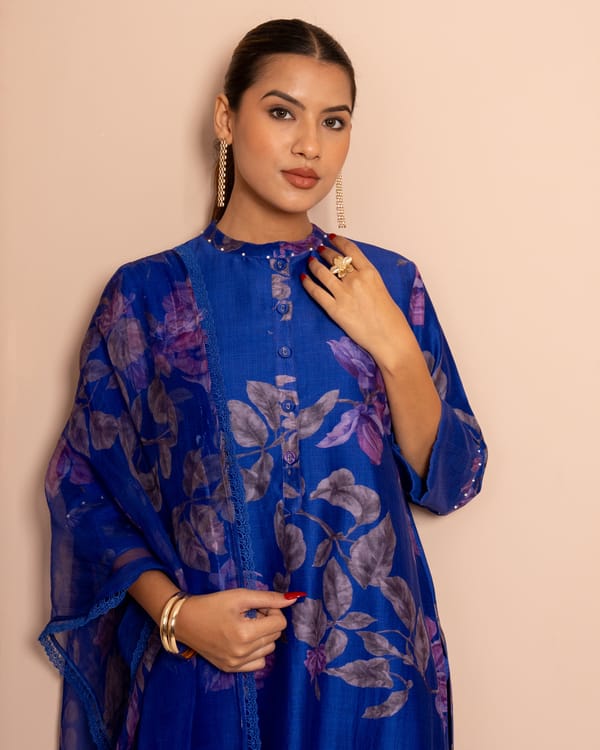 Blueberry Blue Digital Print Chanderi Suit Set — Kameez