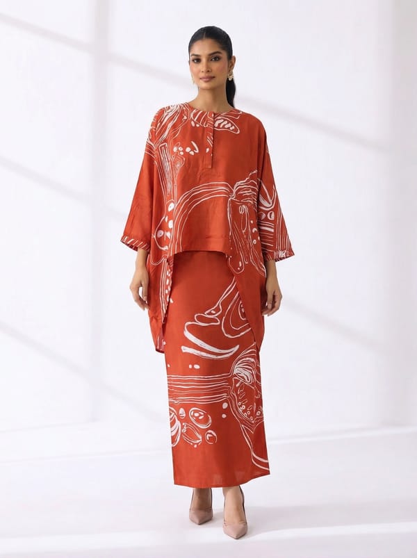 Red Printed Kaftan Top and Draped Maxi Skirt Co-ord Set — Esha Arora