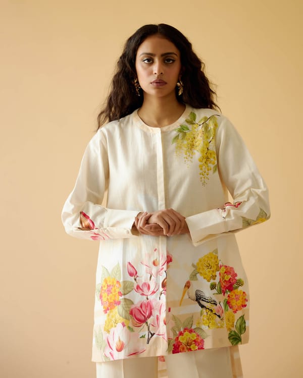 Beige Linen Longline Printed Shirt with Band Collar — Moh India