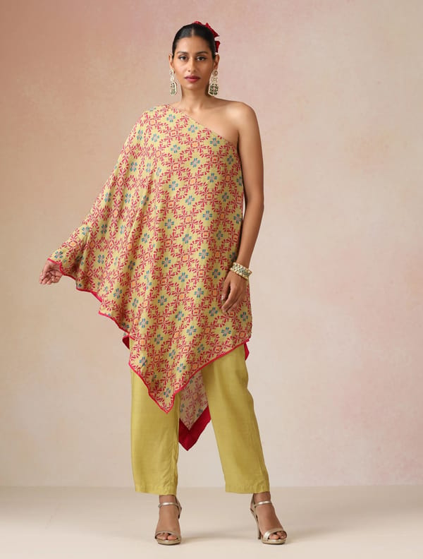 Green Pink One-Shoulder Printed Kurta Co-ord Set — Truebrowns
