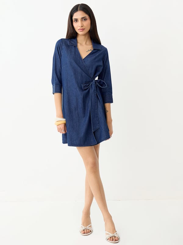 DenimLite Navy Wrap Mini Dress — Femmella
