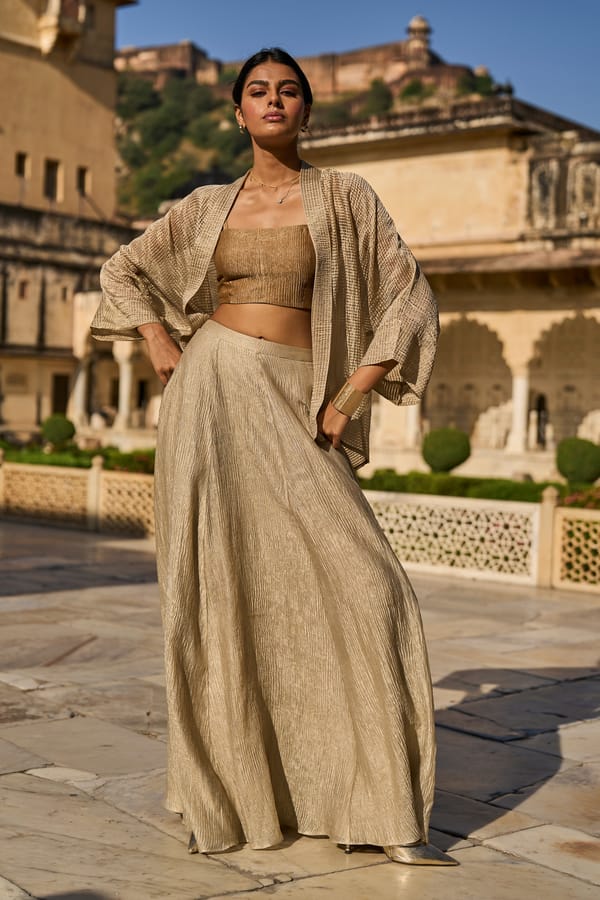 Gold Metallic Tissue Shrug with Draped Lapel Collar — Dash and Dot