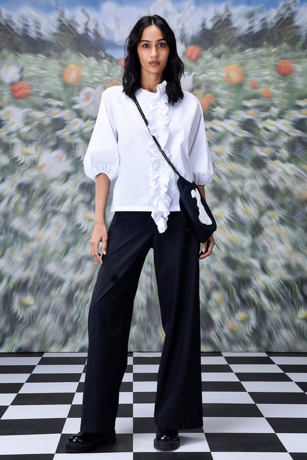 White Poplin Ruffle Front Relaxed Fit Top — Genes Lecoanet Hemant