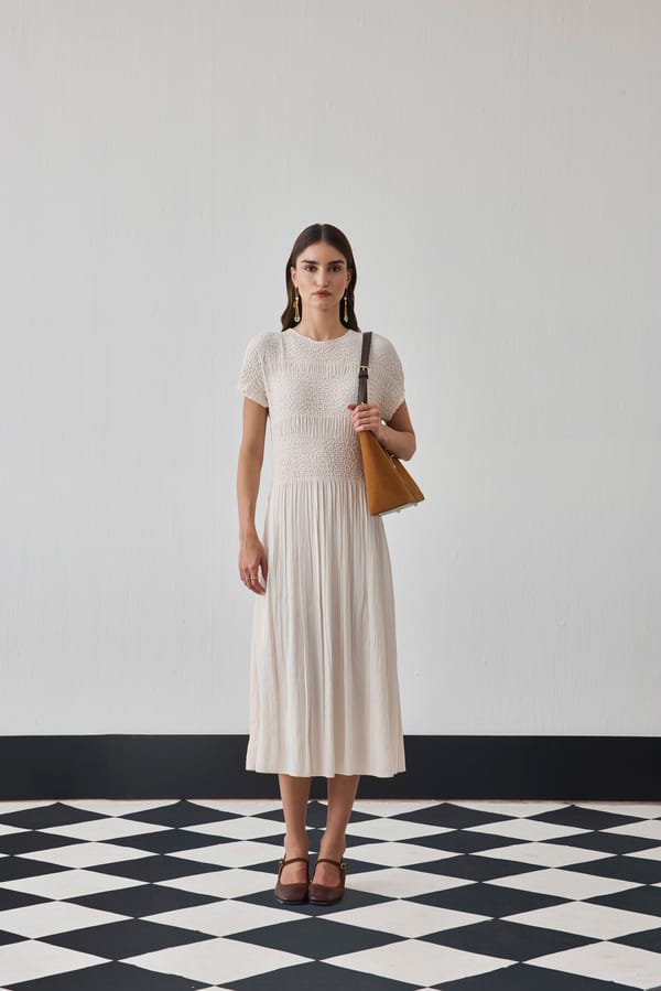 Ivory Smocked Bodice Pleated Midi Dress — Pleats by Aruni