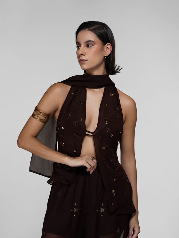 Brown Draped Halter Top with Open Front — The Clothing Factory