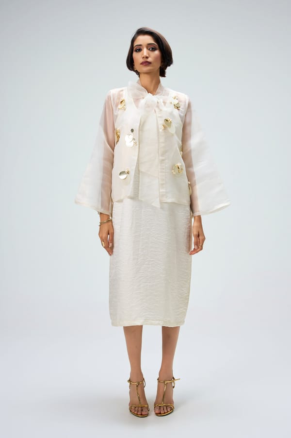 Ivory Midi Dress with Sheer Organza Embellished Jacket — KOR