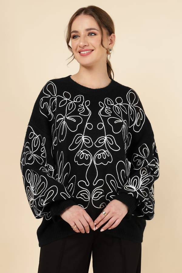Black Abstract Line-Art Relaxed Fit Sweater — HATUN ATILA