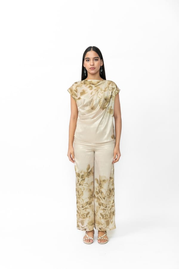 Champagne Textured Satin Cowl Neck Printed Top — Contemponari