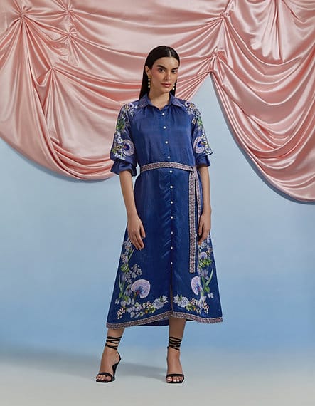 A.F Blue Belted Shirt Midi Dress with Floral Motifs — Pozruh