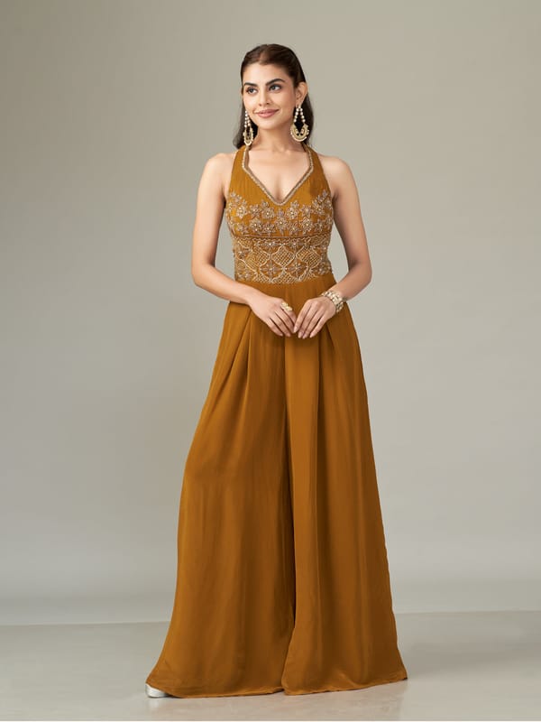 Mustard Gold Embroidered Bodice Maxi Gown — QUNIC