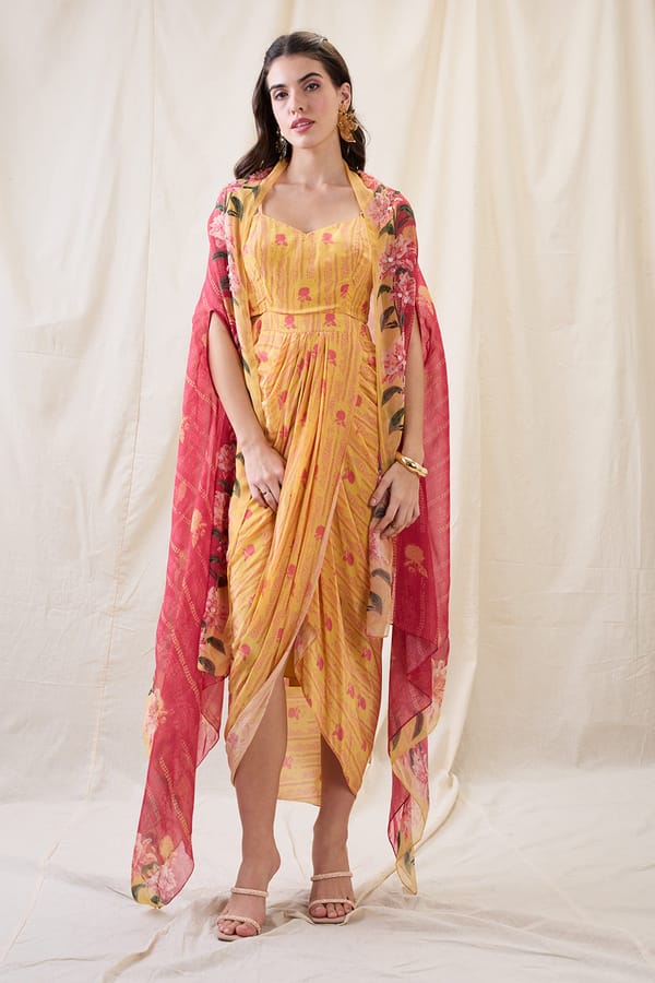 Yellow Printed Drape Midi Dress with Pink Cape — SOUP by Sougat Paul