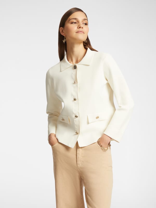 White Tailored Button-Front Jacket with Flap Pockets — ELENA MIRO