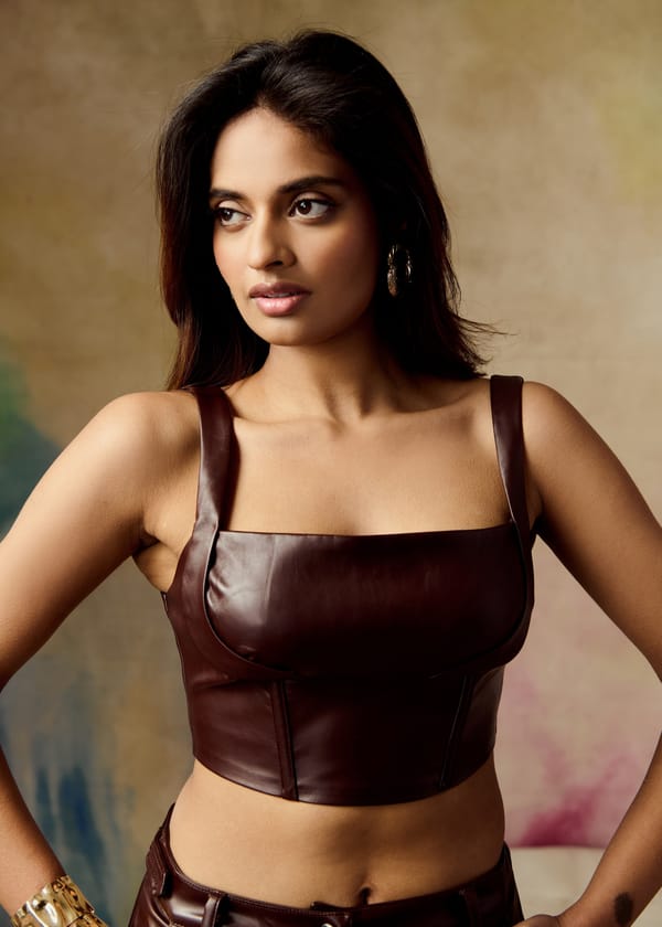 Brown Faux Leather Boned Corset Top with Square Neck — Lea Clothing