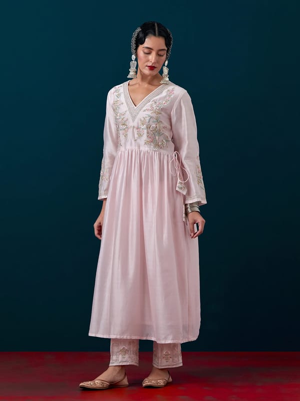 Pink Silk Chanderi Embroidered Yoke Gathered Kurta — Anantaa