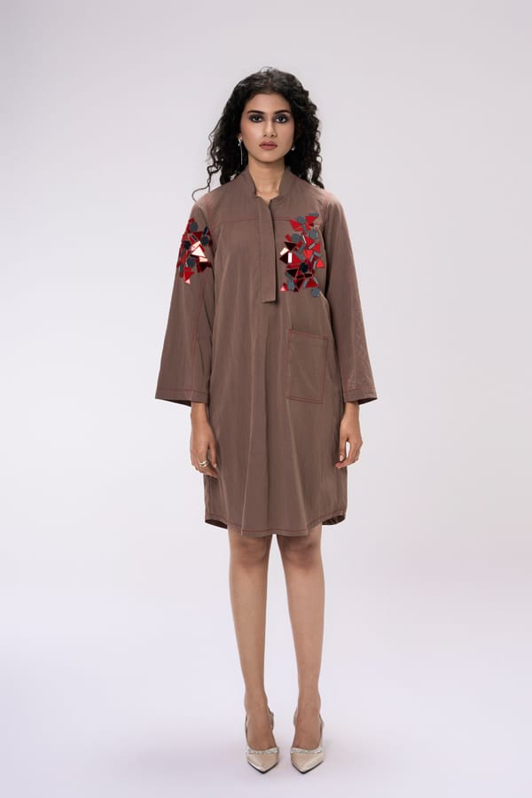 Brown Mirror Work Zip-Front Shirt Dress — KOR