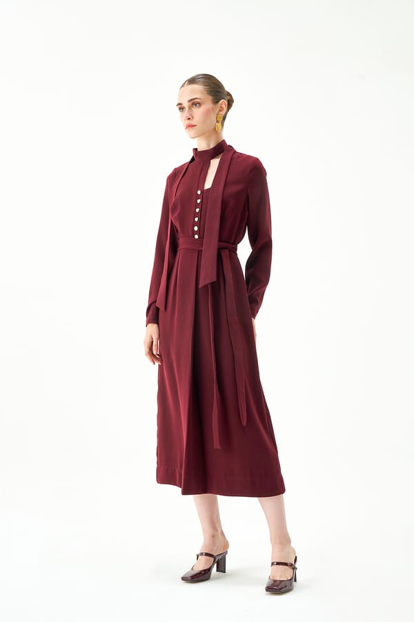 Wine High-Neck Button-Front Midi Dress — NOTEBOOK