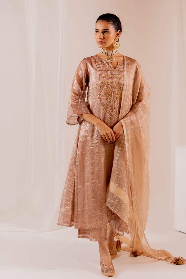 Beige Chanderi Silk Embroidered Kurta Set with Dupatta — Silai studio