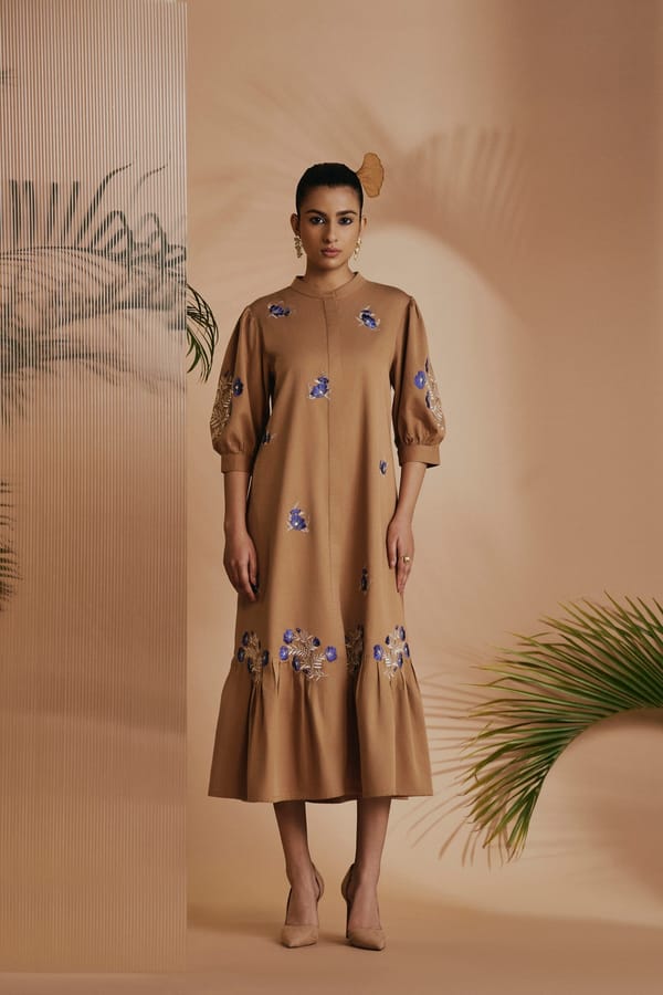Brown Cotton Satin Embroidered Mandarin Collar Midi Dress — Origani