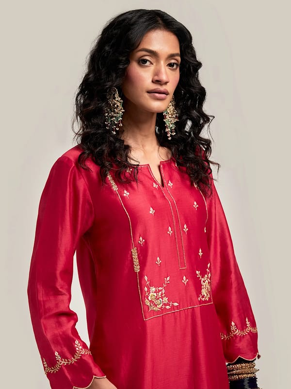Red Silk Chanderi Embroidered Yoke Straight Kurta — Anantaa