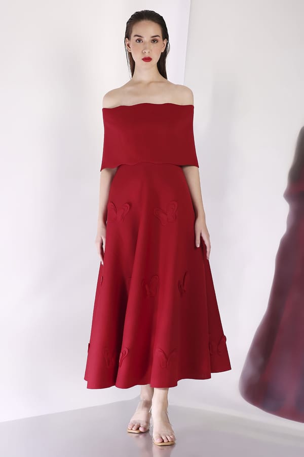 Deep Red Fit and Flare Midi Dress with Detachable Wrap — OZEQO