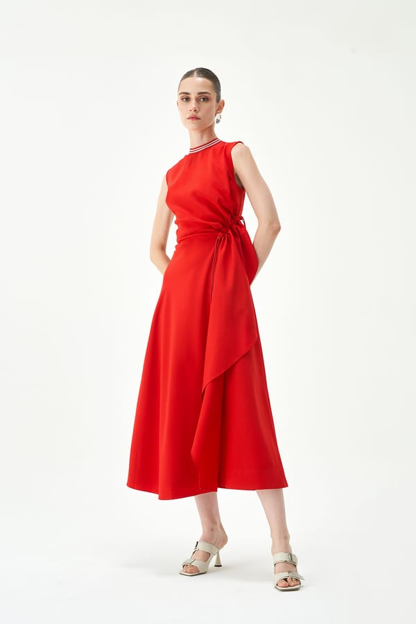 Red Sleeveless Asymmetrical Midi Dress with Adjustable Waist — NOTEBOOK