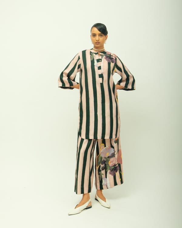 Soft Pink Striped Cotton Kurta with Mandarin Collar — Ofrida
