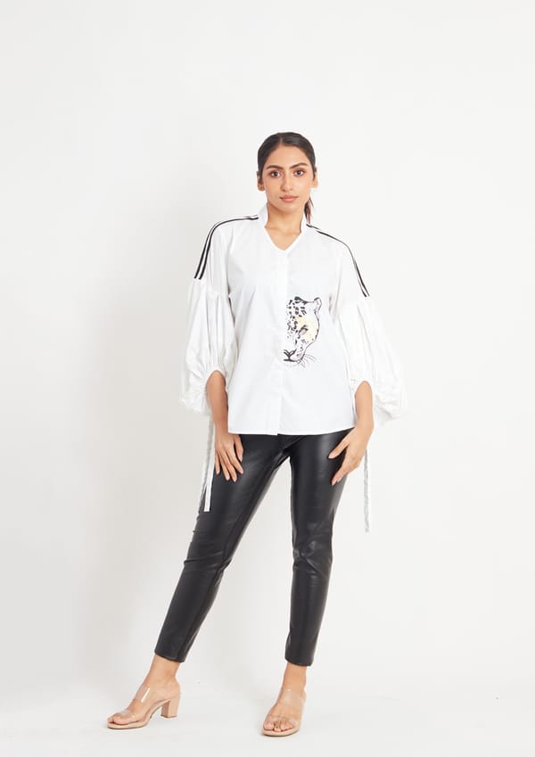 White Comfort Fit Cotton Shirt with Foil Print — Richa Goenka
