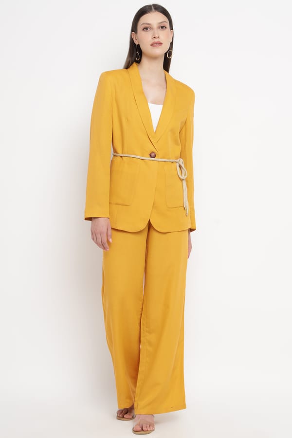 Yellow Single-Button Belted Tailored Blazer — Diana Gallesi