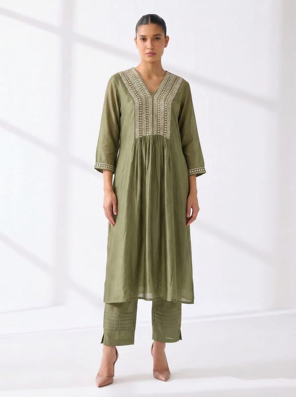 Moss Green Chanderi Kurta Set with Yoke Embroidery — Gulabik