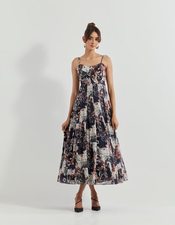 Black Abstract Print Fit and Flare Midi Dress — Kavita Bhartia