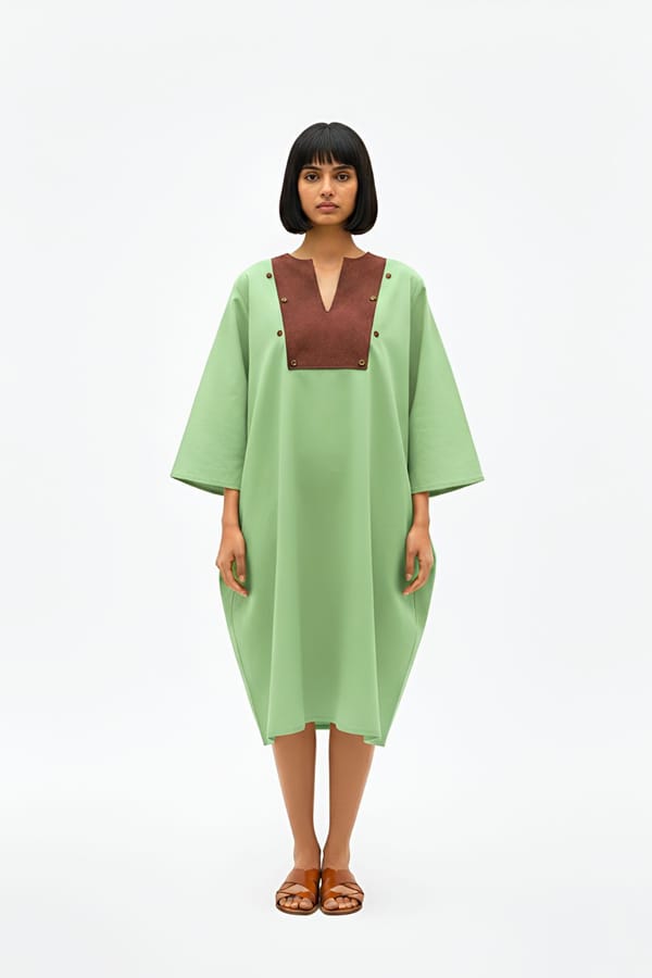 Asparagus Green Colorblock Yoke Relaxed Fit Midi Dress — Neora