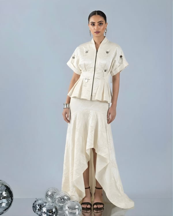 Ivory Zip-Front Peplum Jacket and Maxi Skirt Co-ord Set — Ang-sa