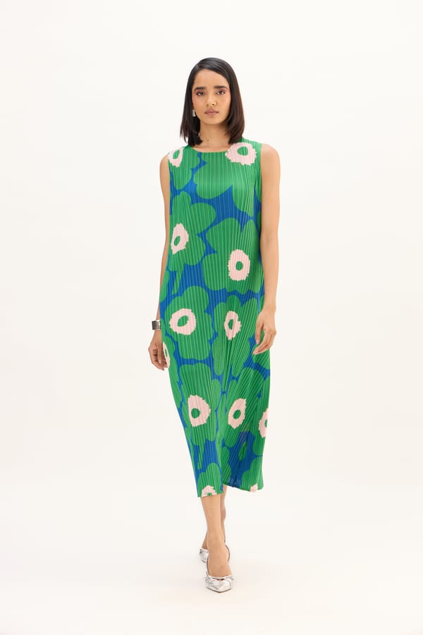Green Pleated Floral Midi Shift Dress — Scarlet Sage