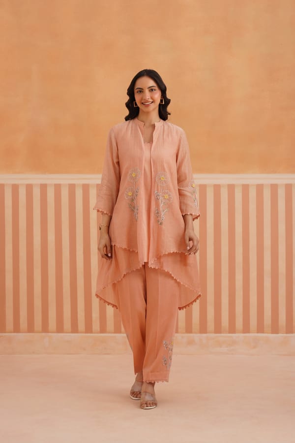 High-Low Embroidered Jacket Set with Inner and Pants — Omi Clothing