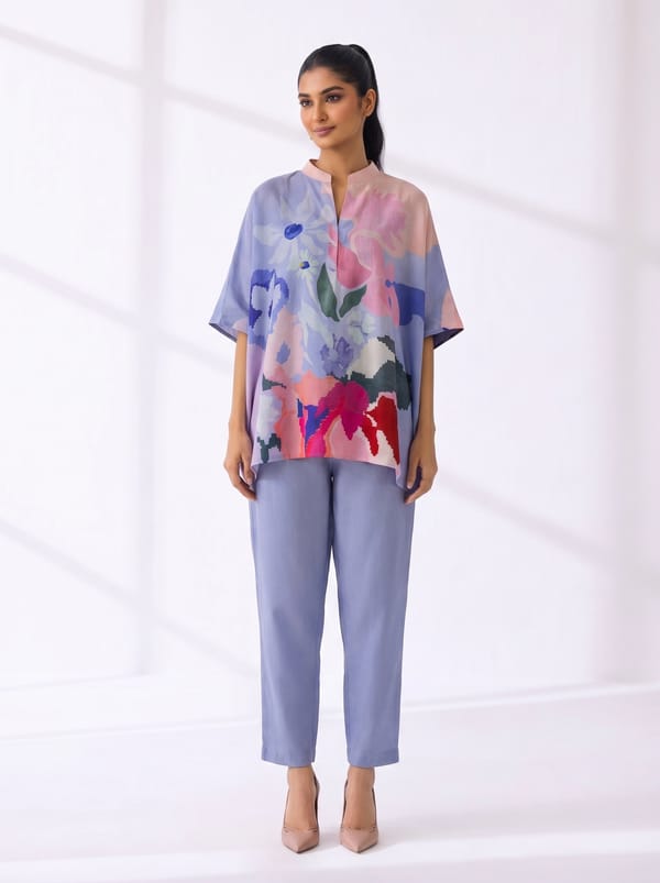 Purple Printed Korean Linen Co-ord Set with Straight Pants — CLOS