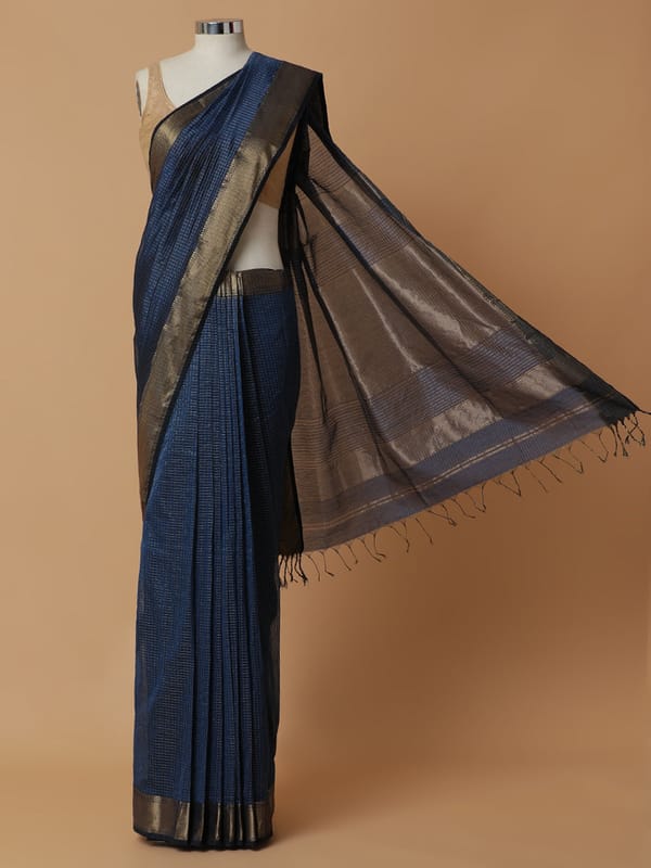 Maheshwari Cotton Silk Crystal Teal Pin Check Zari — BINKS