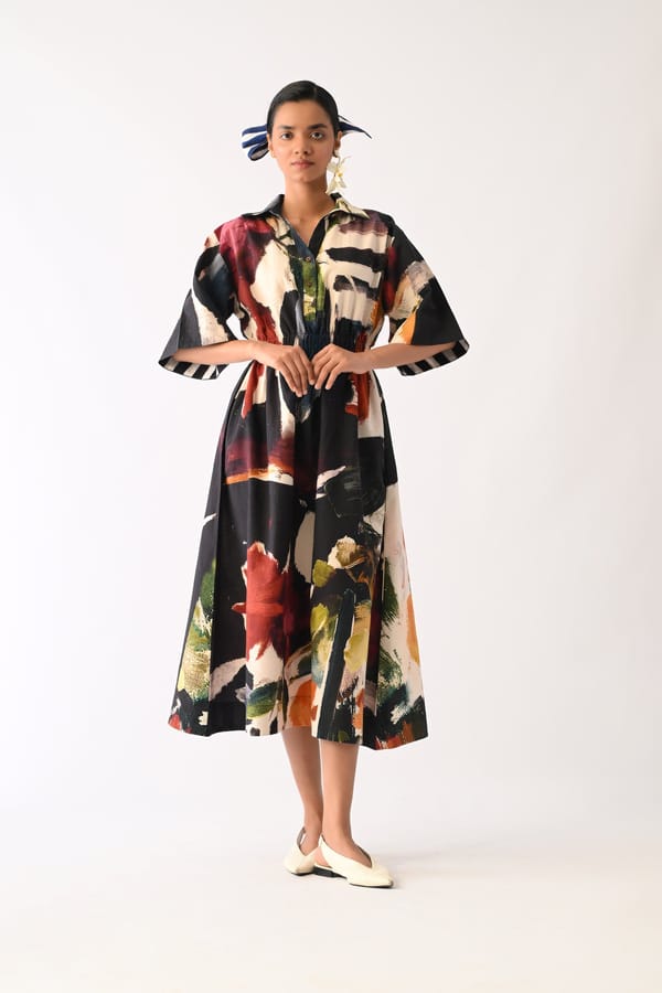 Multicolor Abstract Floral Cotton A-Line Midi Shirt Dress — Ofrida