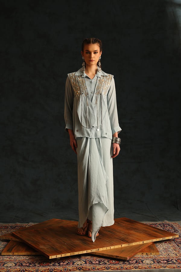 Light Blue Shirt, Waistcoat and Draped Skirt Co-ord Set — EnEch