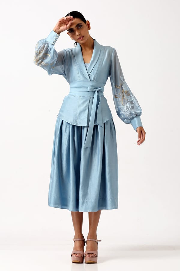Pacific Blue Wrap Top and Pleated Midi Skirt Co-ord Set — Madder Much