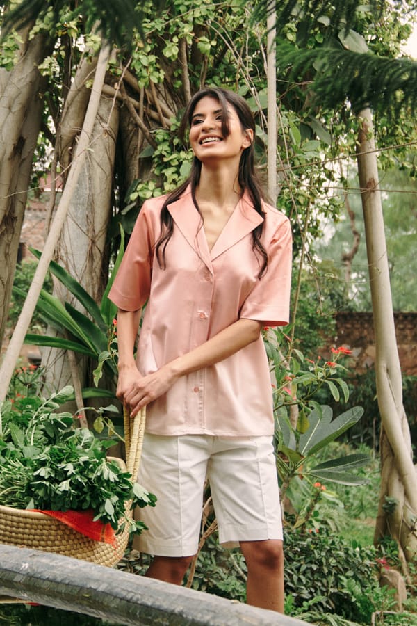 Peach Oversized Crepe Shirt Top with Lapel Collar — Contemponari