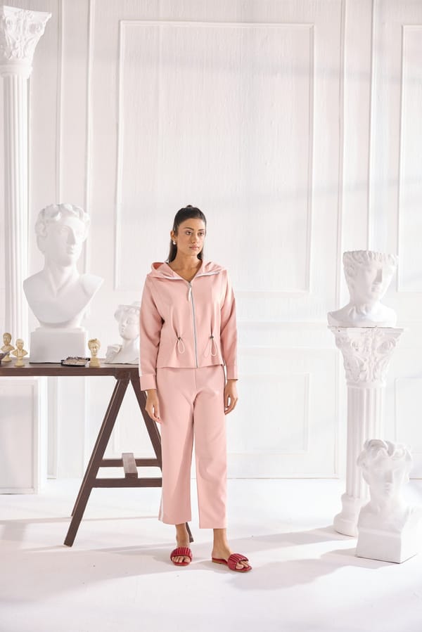 Pale Pink Crepe Zip-Up Hooded Co-ord Set — Shivya K