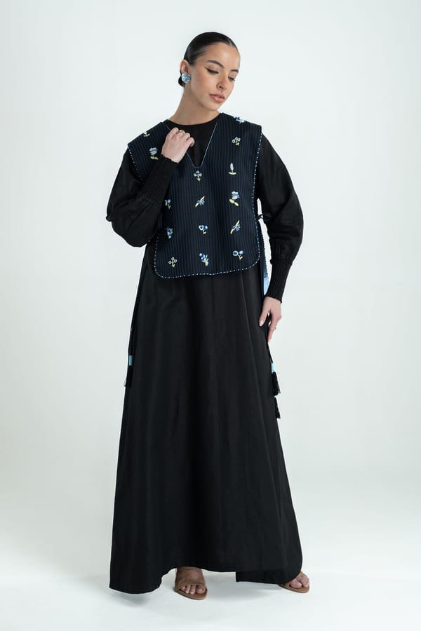 Black Cotton-Linen Maxi Dress with Navy Embroidered Overlay — Our Love