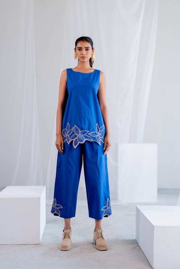 Blue Sleeveless A-Line Kurta Set with Embroidered Hem — Silai studio