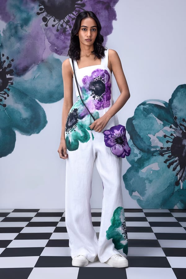 White Floral Print Heavy Linen Square Neck Jumpsuit — Genes Lecoanet Hemant