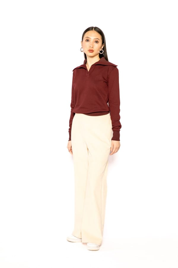 Wine Sailor Collar V-Neck Long Sleeve Pullover Top — Contemponari