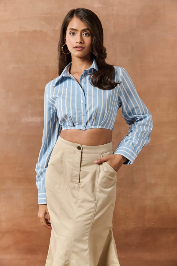 Marion White & Blue Striped Crop Shirt — Lea Clothing