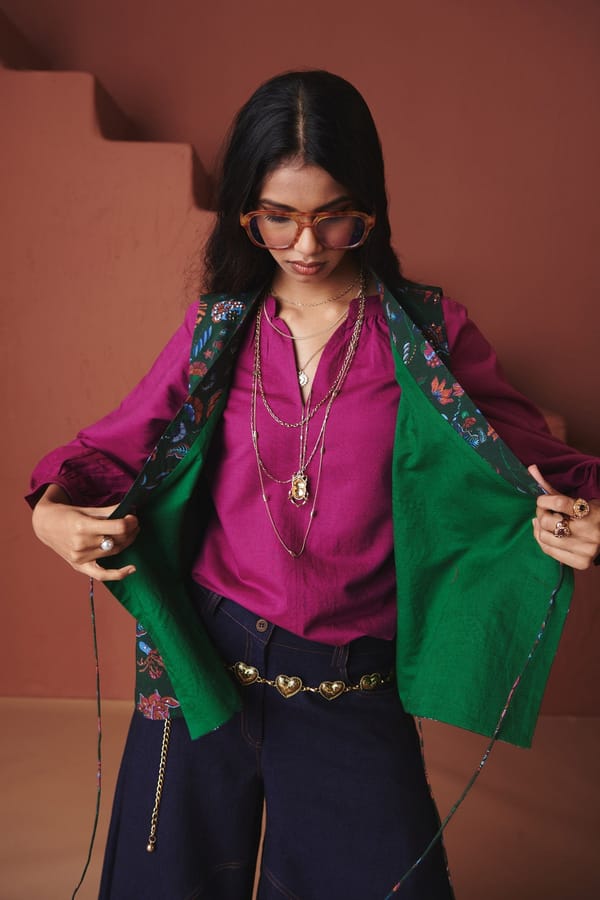 Purple Cotton-Linen Billow Top with V-Neck — Saphed
