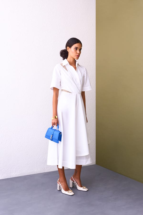 White Asymmetrical Shirt Dress with Pearl Cut-Outs — NOTEBOOK